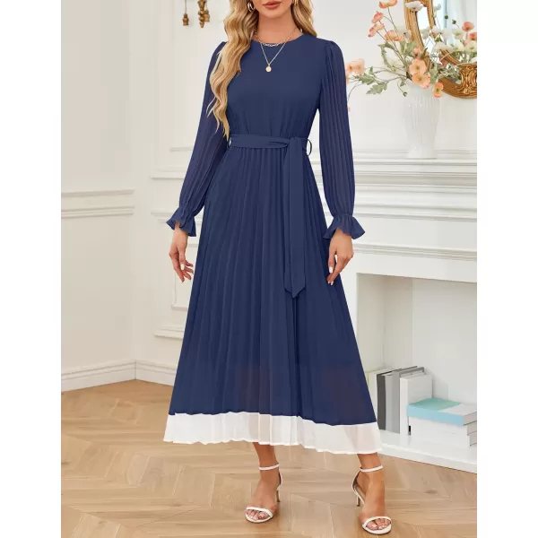 imageZESICA Womens 2024 Fall Long Sleeve Chiffon Dress Casual Crew Neck Pleated A Line Flowy Midi Dresses with BeltDark Blue