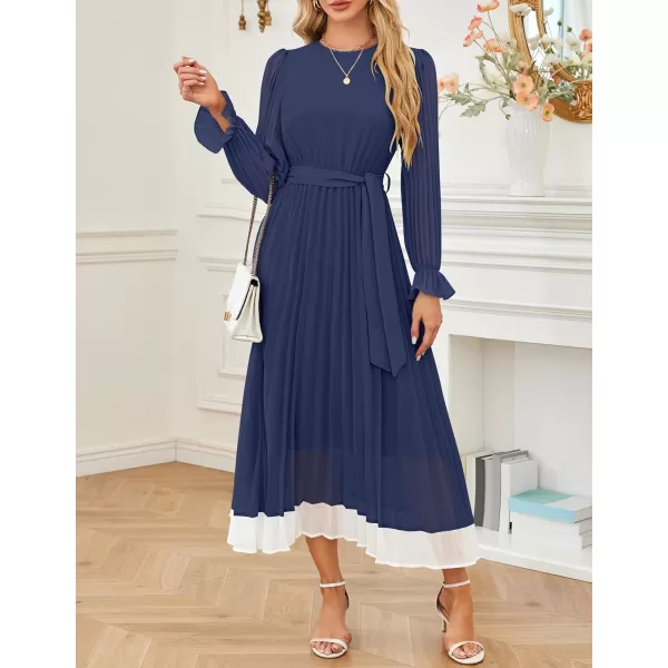 imageZESICA Womens 2024 Fall Long Sleeve Chiffon Dress Casual Crew Neck Pleated A Line Flowy Midi Dresses with BeltDark Blue
