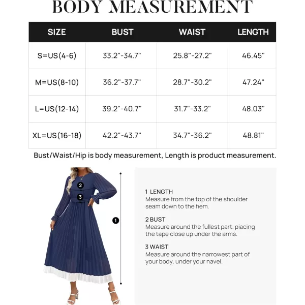 imageZESICA Womens 2024 Fall Long Sleeve Chiffon Dress Casual Crew Neck Pleated A Line Flowy Midi Dresses with BeltDark Blue
