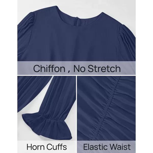 imageZESICA Womens 2024 Fall Long Sleeve Chiffon Dress Casual Crew Neck Pleated A Line Flowy Midi Dresses with BeltDark Blue