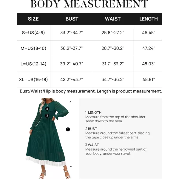imageZESICA Womens 2024 Fall Long Sleeve Chiffon Dress Casual Crew Neck Pleated A Line Flowy Midi Dresses with BeltDark Green