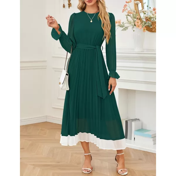 imageZESICA Womens 2024 Fall Long Sleeve Chiffon Dress Casual Crew Neck Pleated A Line Flowy Midi Dresses with BeltDark Green