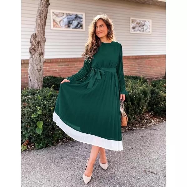 imageZESICA Womens 2024 Fall Long Sleeve Chiffon Dress Casual Crew Neck Pleated A Line Flowy Midi Dresses with BeltDark Green