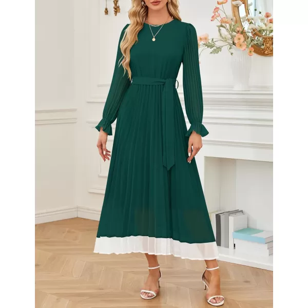 imageZESICA Womens 2024 Fall Long Sleeve Chiffon Dress Casual Crew Neck Pleated A Line Flowy Midi Dresses with BeltDark Green