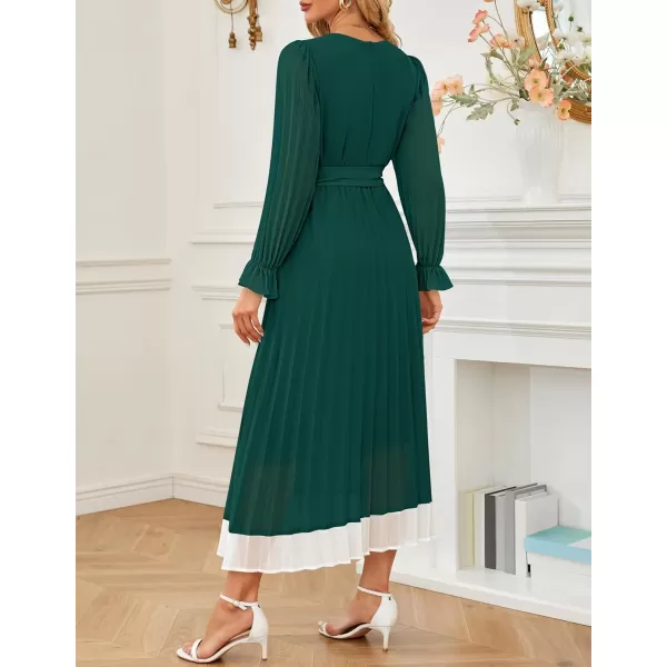 imageZESICA Womens 2024 Fall Long Sleeve Chiffon Dress Casual Crew Neck Pleated A Line Flowy Midi Dresses with BeltDark Green