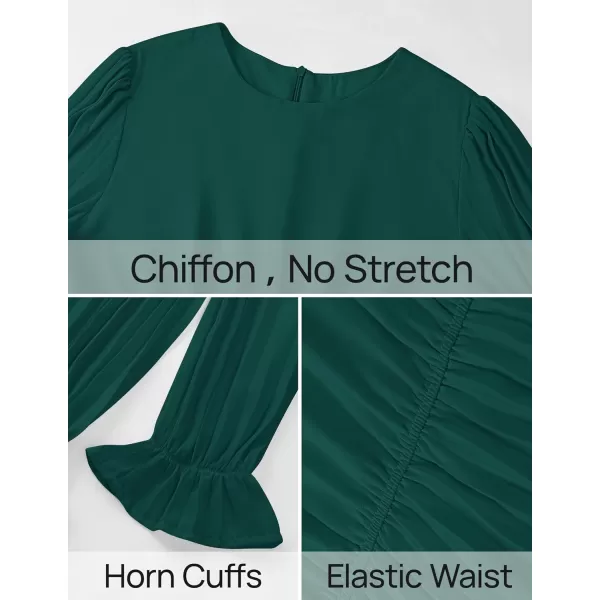 imageZESICA Womens 2024 Fall Long Sleeve Chiffon Dress Casual Crew Neck Pleated A Line Flowy Midi Dresses with BeltDark Green