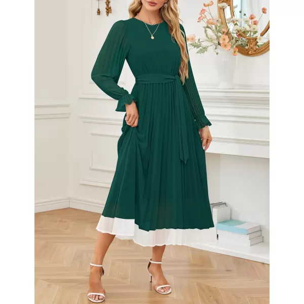 imageZESICA Womens 2024 Fall Long Sleeve Chiffon Dress Casual Crew Neck Pleated A Line Flowy Midi Dresses with BeltDark Green