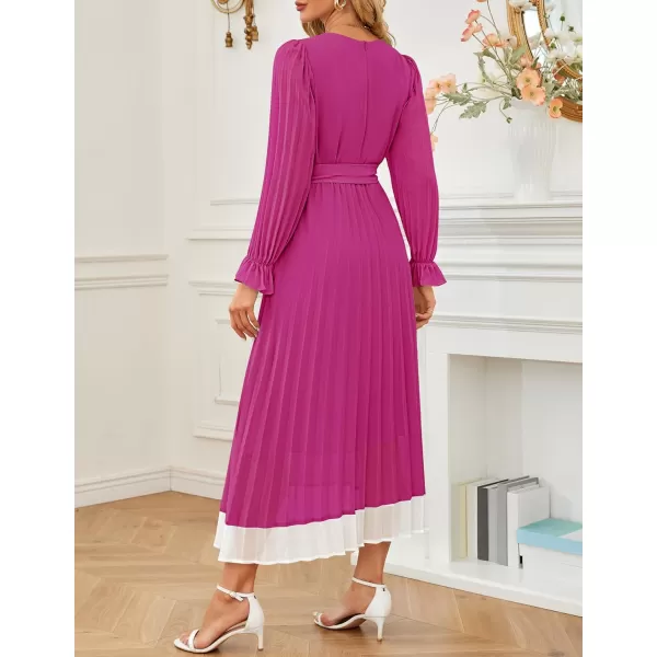 imageZESICA Womens 2024 Fall Long Sleeve Chiffon Dress Casual Crew Neck Pleated A Line Flowy Midi Dresses with BeltDeep Rose