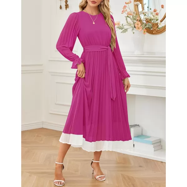 imageZESICA Womens 2024 Fall Long Sleeve Chiffon Dress Casual Crew Neck Pleated A Line Flowy Midi Dresses with BeltDeep Rose