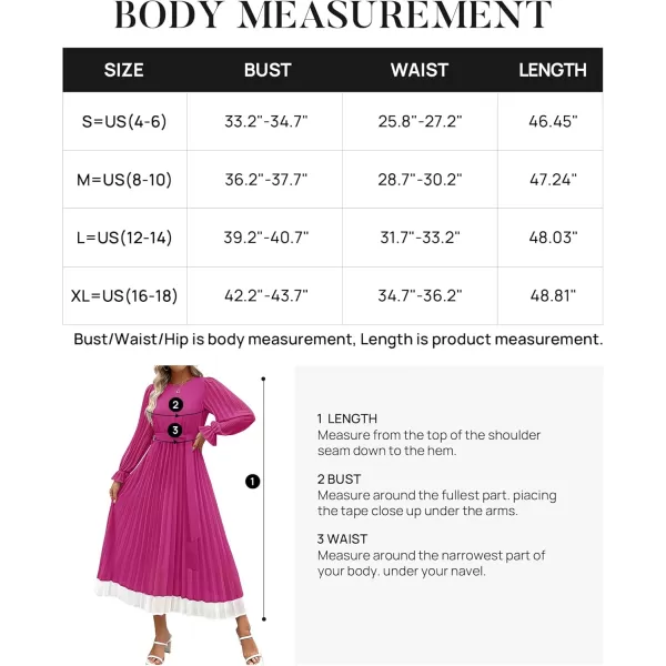 imageZESICA Womens 2024 Fall Long Sleeve Chiffon Dress Casual Crew Neck Pleated A Line Flowy Midi Dresses with BeltDeep Rose