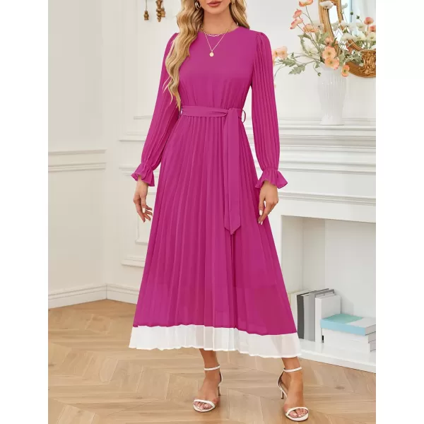 imageZESICA Womens 2024 Fall Long Sleeve Chiffon Dress Casual Crew Neck Pleated A Line Flowy Midi Dresses with BeltDeep Rose