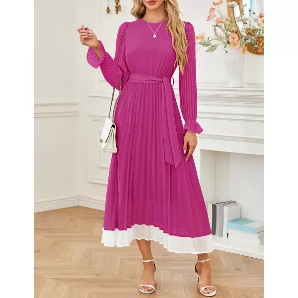 imageZESICA Womens 2024 Fall Long Sleeve Chiffon Dress Casual Crew Neck Pleated A Line Flowy Midi Dresses with BeltDeep Rose
