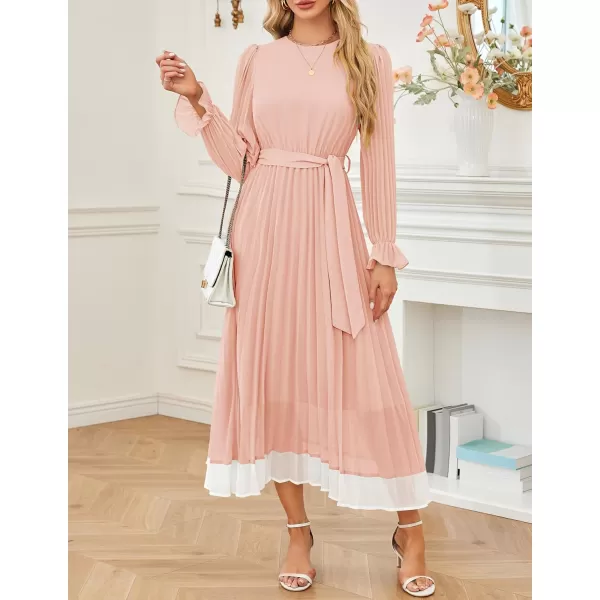 imageZESICA Womens 2024 Fall Long Sleeve Chiffon Dress Casual Crew Neck Pleated A Line Flowy Midi Dresses with BeltLight Pink