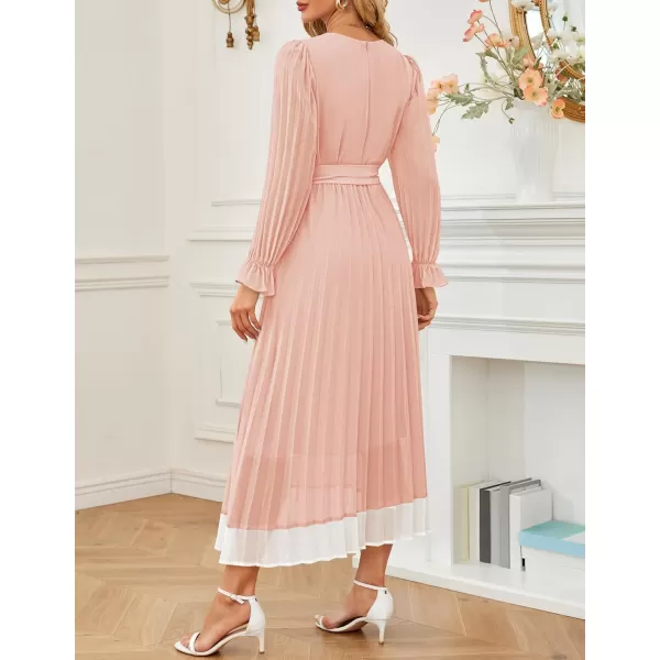 imageZESICA Womens 2024 Fall Long Sleeve Chiffon Dress Casual Crew Neck Pleated A Line Flowy Midi Dresses with BeltLight Pink