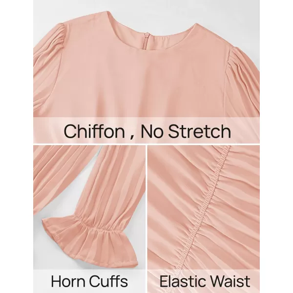 imageZESICA Womens 2024 Fall Long Sleeve Chiffon Dress Casual Crew Neck Pleated A Line Flowy Midi Dresses with BeltLight Pink