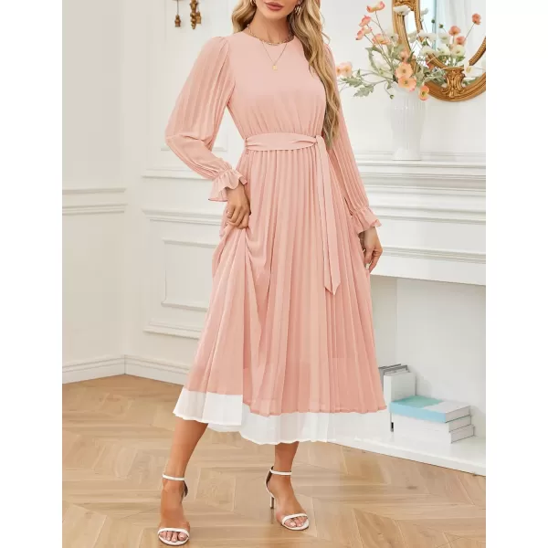 imageZESICA Womens 2024 Fall Long Sleeve Chiffon Dress Casual Crew Neck Pleated A Line Flowy Midi Dresses with BeltLight Pink