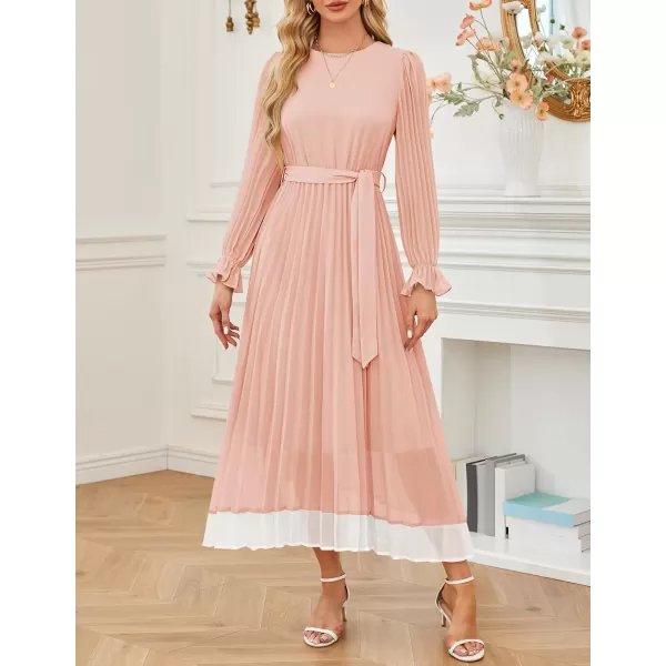 imageZESICA Womens 2024 Fall Long Sleeve Chiffon Dress Casual Crew Neck Pleated A Line Flowy Midi Dresses with BeltLight Pink