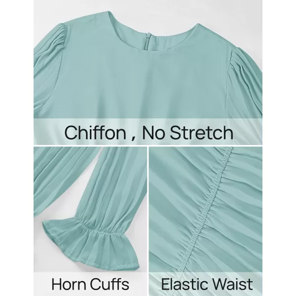 imageZESICA Womens 2024 Fall Long Sleeve Chiffon Dress Casual Crew Neck Pleated A Line Flowy Midi Dresses with BeltSage