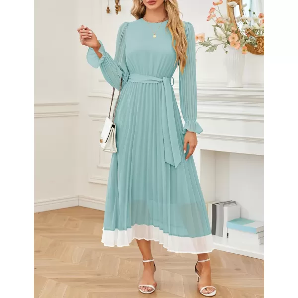 imageZESICA Womens 2024 Fall Long Sleeve Chiffon Dress Casual Crew Neck Pleated A Line Flowy Midi Dresses with BeltSage
