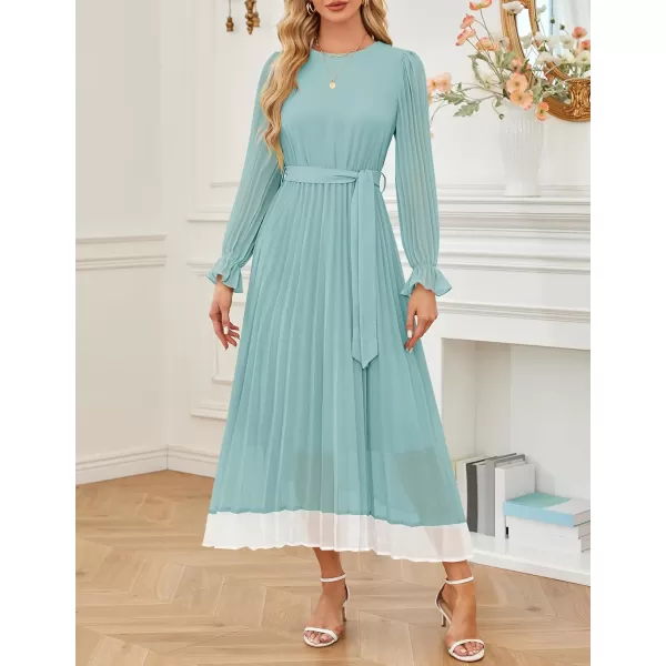 imageZESICA Womens 2024 Fall Long Sleeve Chiffon Dress Casual Crew Neck Pleated A Line Flowy Midi Dresses with BeltSage