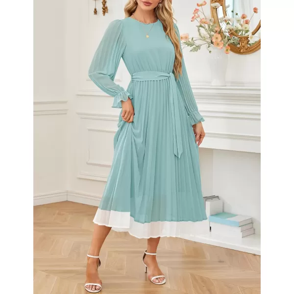 imageZESICA Womens 2024 Fall Long Sleeve Chiffon Dress Casual Crew Neck Pleated A Line Flowy Midi Dresses with BeltSage