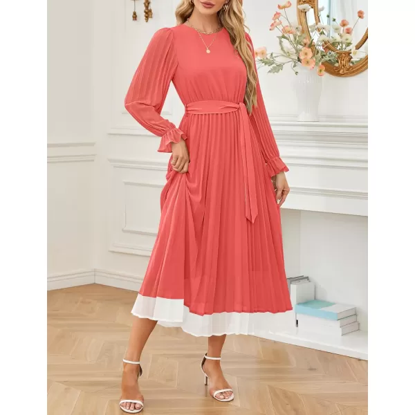 imageZESICA Womens 2024 Fall Long Sleeve Chiffon Dress Casual Crew Neck Pleated A Line Flowy Midi Dresses with BeltWatermelon