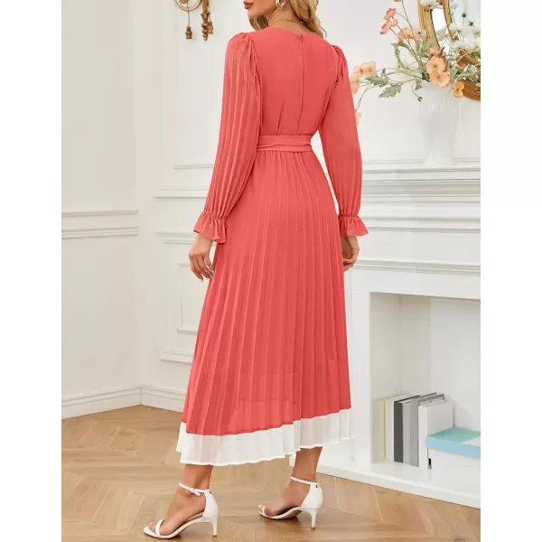 imageZESICA Womens 2024 Fall Long Sleeve Chiffon Dress Casual Crew Neck Pleated A Line Flowy Midi Dresses with BeltWatermelon