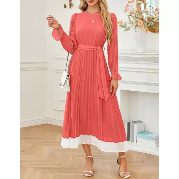 imageZESICA Womens 2024 Fall Long Sleeve Chiffon Dress Casual Crew Neck Pleated A Line Flowy Midi Dresses with BeltWatermelon