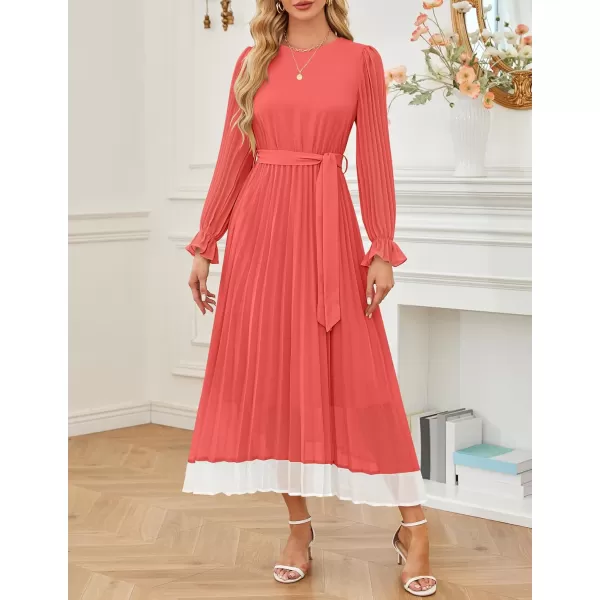 imageZESICA Womens 2024 Fall Long Sleeve Chiffon Dress Casual Crew Neck Pleated A Line Flowy Midi Dresses with BeltWatermelon