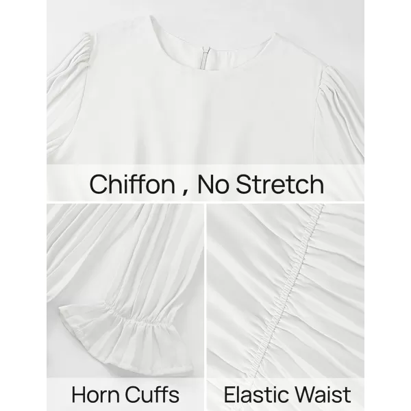 imageZESICA Womens 2024 Fall Long Sleeve Chiffon Dress Casual Crew Neck Pleated A Line Flowy Midi Dresses with BeltWhite