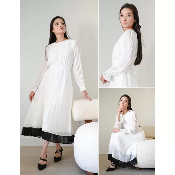 imageZESICA Womens 2024 Fall Long Sleeve Chiffon Dress Casual Crew Neck Pleated A Line Flowy Midi Dresses with BeltWhite