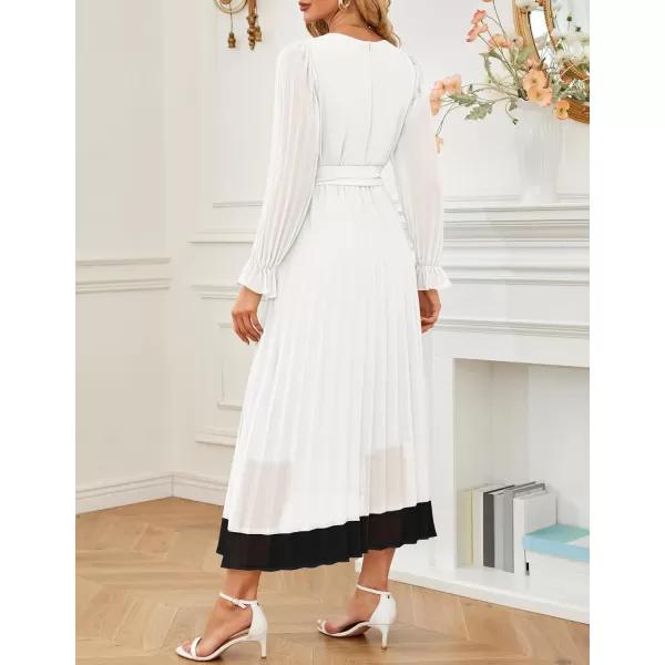 imageZESICA Womens 2024 Fall Long Sleeve Chiffon Dress Casual Crew Neck Pleated A Line Flowy Midi Dresses with BeltWhite