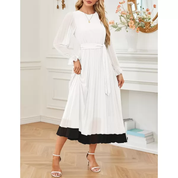 imageZESICA Womens 2024 Fall Long Sleeve Chiffon Dress Casual Crew Neck Pleated A Line Flowy Midi Dresses with BeltWhite