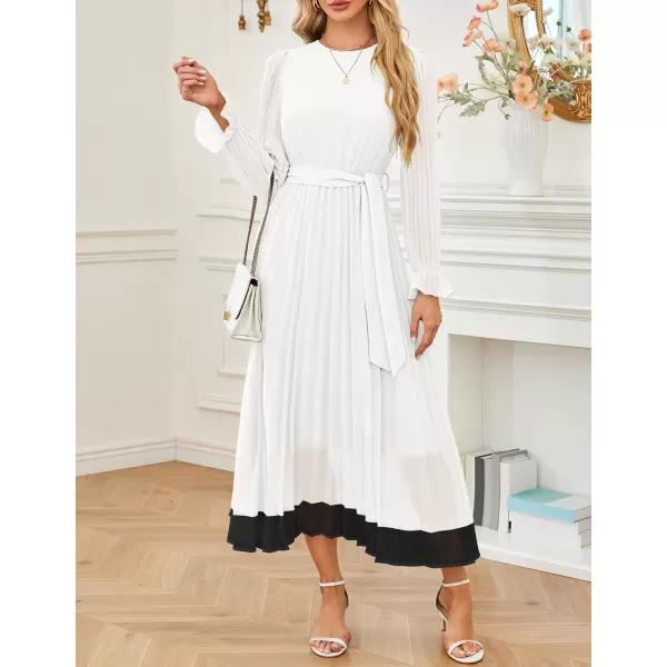 imageZESICA Womens 2024 Fall Long Sleeve Chiffon Dress Casual Crew Neck Pleated A Line Flowy Midi Dresses with BeltWhite