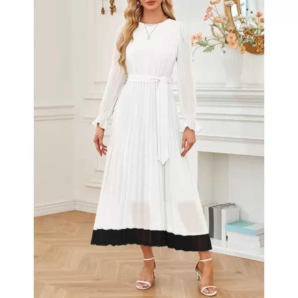 imageZESICA Womens 2024 Fall Long Sleeve Chiffon Dress Casual Crew Neck Pleated A Line Flowy Midi Dresses with BeltWhite