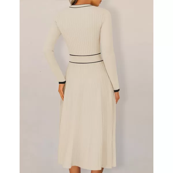 imageZESICA Womens 2024 Fall Pleated Sweater Dress Long Sleeve Crewneck Ribbed Knitted Midi DressesApricot