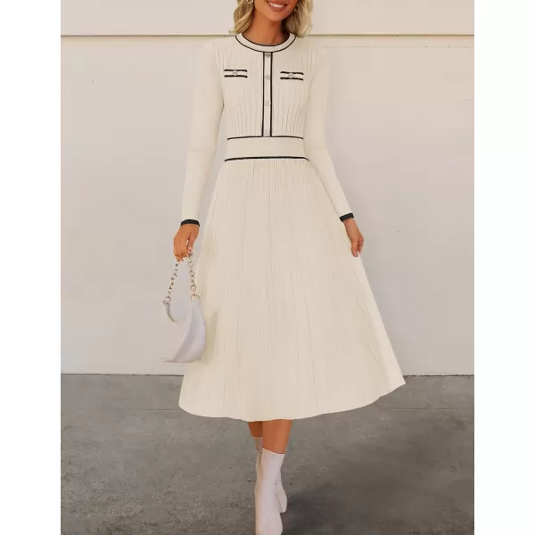 imageZESICA Womens 2024 Fall Pleated Sweater Dress Long Sleeve Crewneck Ribbed Knitted Midi DressesApricot