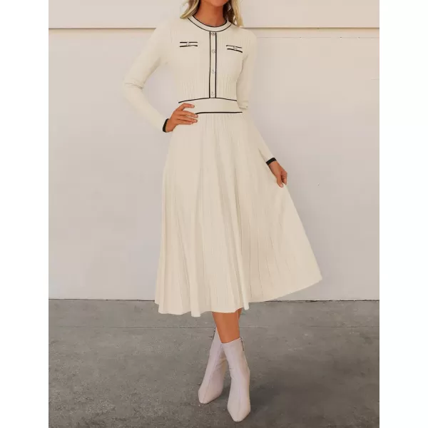 imageZESICA Womens 2024 Fall Pleated Sweater Dress Long Sleeve Crewneck Ribbed Knitted Midi DressesApricot
