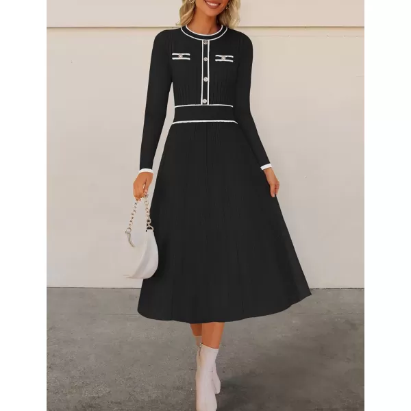 imageZESICA Womens 2024 Fall Pleated Sweater Dress Long Sleeve Crewneck Ribbed Knitted Midi DressesBlack