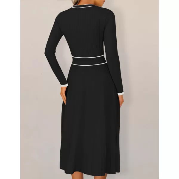 imageZESICA Womens 2024 Fall Pleated Sweater Dress Long Sleeve Crewneck Ribbed Knitted Midi DressesBlack