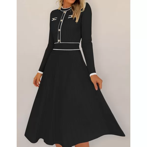 imageZESICA Womens 2024 Fall Pleated Sweater Dress Long Sleeve Crewneck Ribbed Knitted Midi DressesBlack