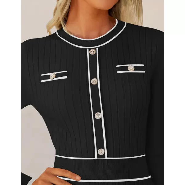 imageZESICA Womens 2024 Fall Pleated Sweater Dress Long Sleeve Crewneck Ribbed Knitted Midi DressesBlack