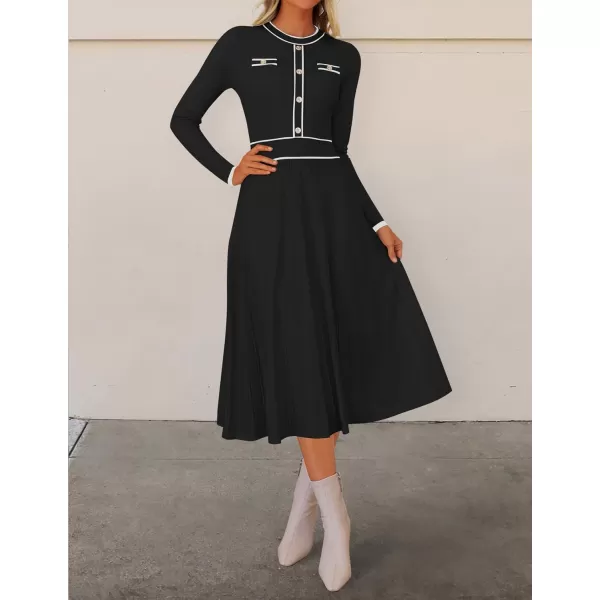 imageZESICA Womens 2024 Fall Pleated Sweater Dress Long Sleeve Crewneck Ribbed Knitted Midi DressesBlack