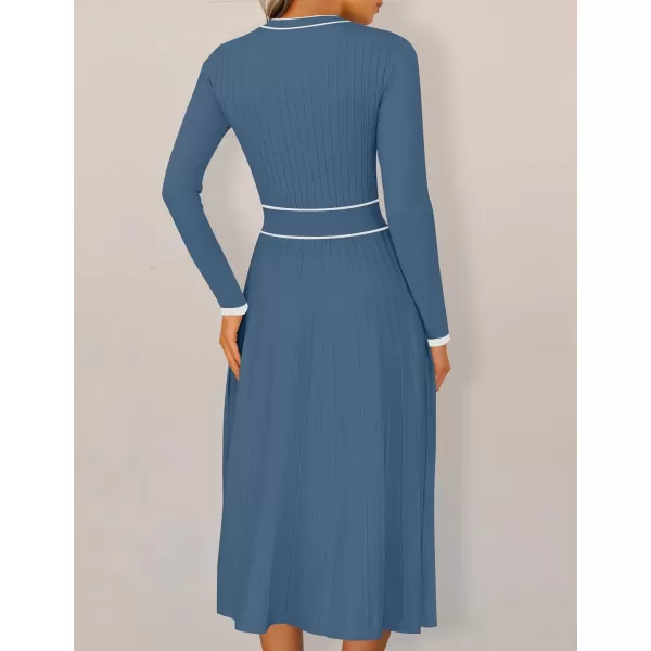 imageZESICA Womens 2024 Fall Pleated Sweater Dress Long Sleeve Crewneck Ribbed Knitted Midi DressesDarkblue