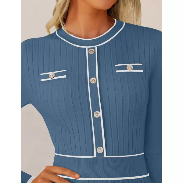 imageZESICA Womens 2024 Fall Pleated Sweater Dress Long Sleeve Crewneck Ribbed Knitted Midi DressesDarkblue
