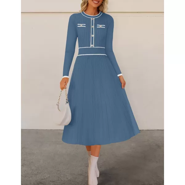 imageZESICA Womens 2024 Fall Pleated Sweater Dress Long Sleeve Crewneck Ribbed Knitted Midi DressesDarkblue