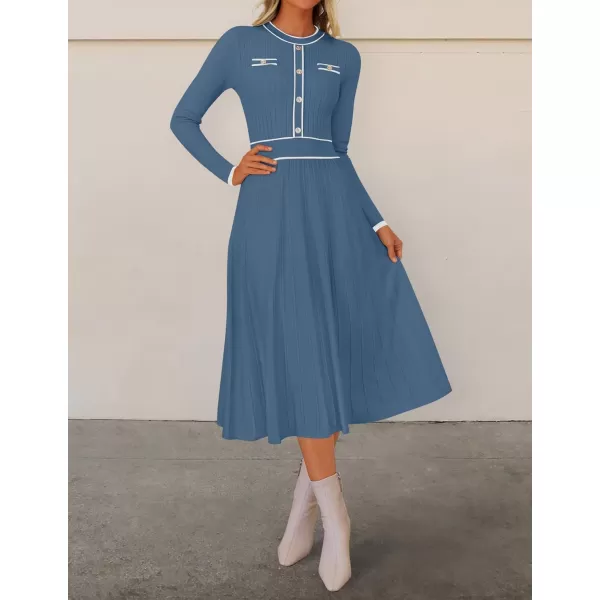 imageZESICA Womens 2024 Fall Pleated Sweater Dress Long Sleeve Crewneck Ribbed Knitted Midi DressesDarkblue