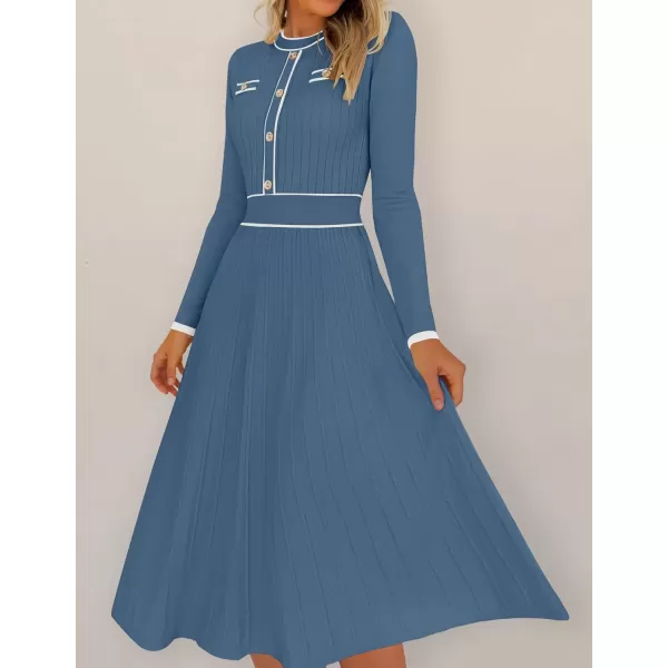 imageZESICA Womens 2024 Fall Pleated Sweater Dress Long Sleeve Crewneck Ribbed Knitted Midi DressesDarkblue