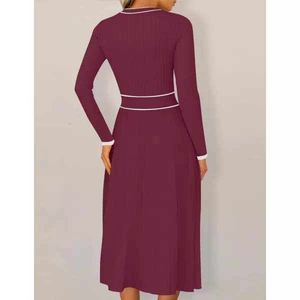 imageZESICA Womens 2024 Fall Pleated Sweater Dress Long Sleeve Crewneck Ribbed Knitted Midi DressesFuchsia