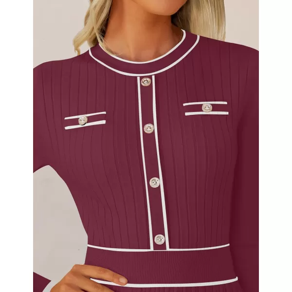 imageZESICA Womens 2024 Fall Pleated Sweater Dress Long Sleeve Crewneck Ribbed Knitted Midi DressesFuchsia